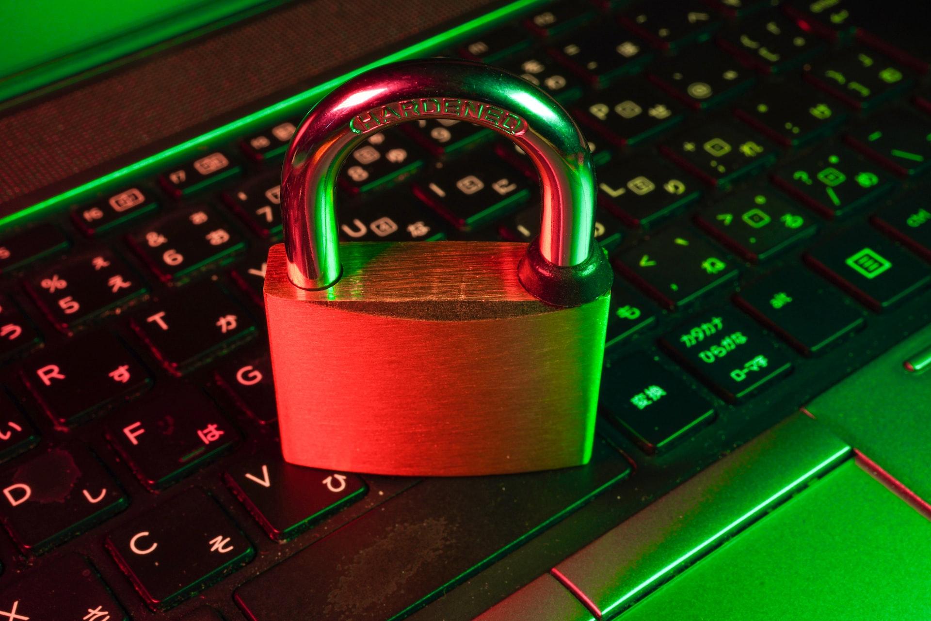 Data Protection red padlock on black computer keyboard